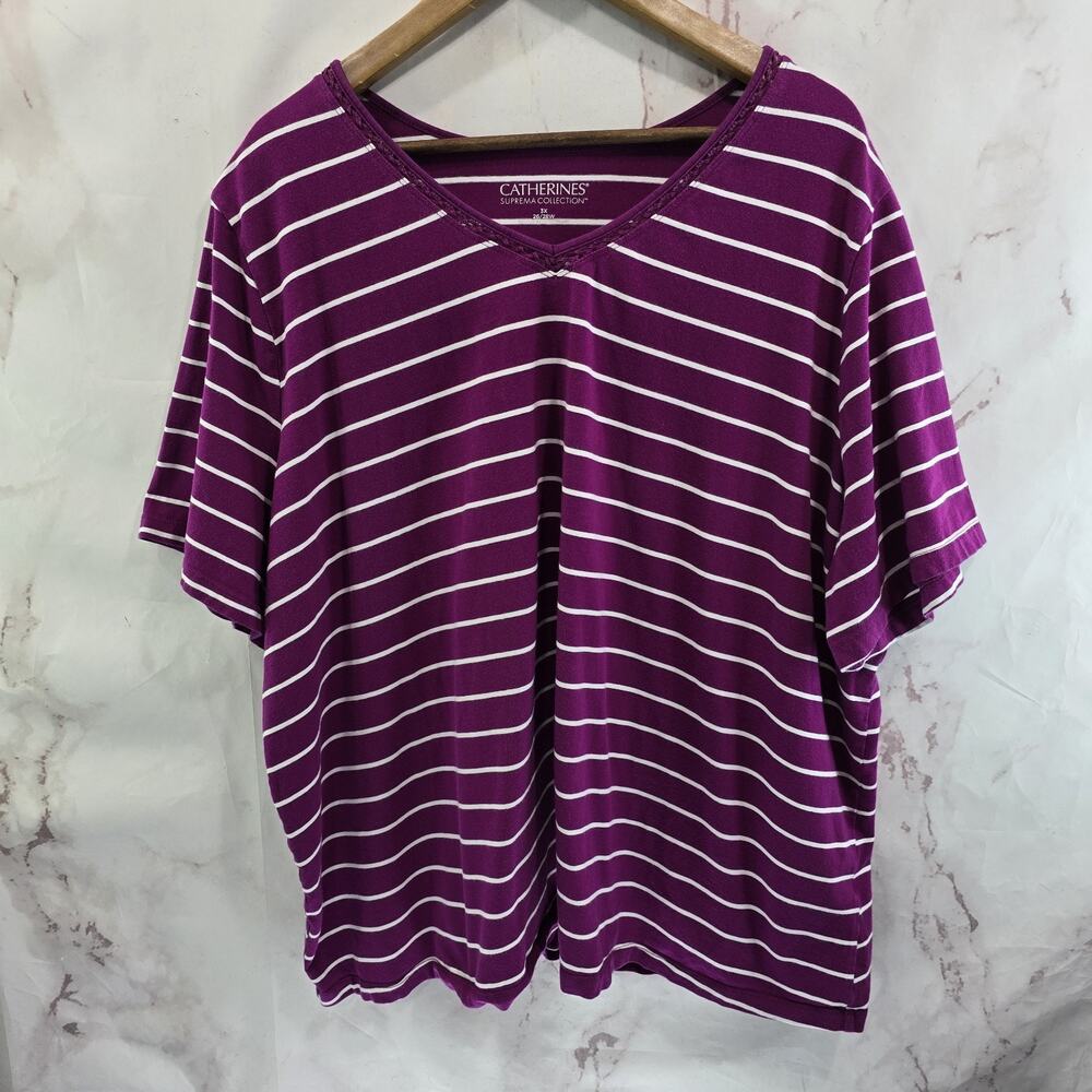 Catherines Shirt Women 3X 26W 28W Purple White T Tee Stripes V Neck Supima